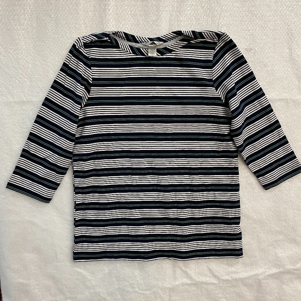 Christopher Banks Woman's Medium Stripe 3/4 Sleeve Cotton Top Blue White Green